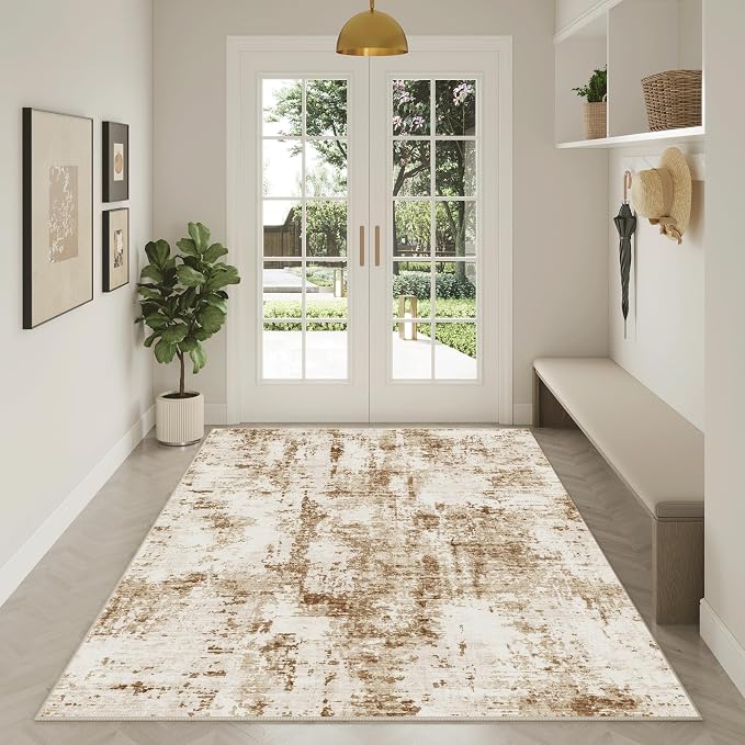 FMFUNCTEX 4x6 Washable Area Rug Brown Beige Abstract Modern Neutral Non Slip Low Pile Indoor Carpet Soft Thin Throw Rug for Entryway Entrance Living Room Bedroom Dining Office Nursery Kitchen Laundry | Washable, Non Slip, Low Pile, Soft Thin, Indoor Ca...