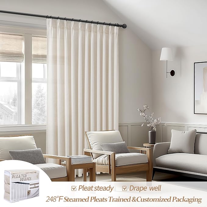 Birch Pinch Pleated Light Filtering 60 Inch Wide Bedroom Curtains 108 Inches Extra Long, Memory Trained Thick Natural Linen Privacy Semi Sheer Curtain Farmhouse 9 FT Length Windows Drapes 2 Panels Set
