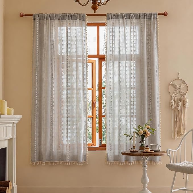 Light Gray Boho Semi Sheer Curtains 63 inch Length 2 Panel Set for Bedroom & Farmhouse, Bohemian Light Filtering Privacy Drapes Tassels Shabby Chic Embroidery Window Curtains Back Tab & Rod pocket