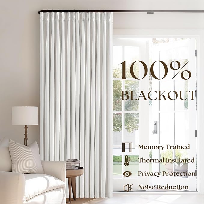Pinch Pleat 100% Blackout Curtains 86 Inch Length 2 Panels Set Flax Linen Beige White Cream Room Darkening Soundproof Curtains Drapes with Hooks Rings Back Tab for Bedroom Living Room Track System