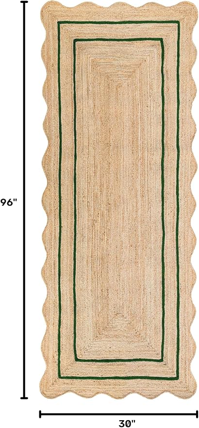 Wave Scalloped Natural Jute Runner, Green (2'6"x8'): Boho Farmhouse Scallop Entryway Rug