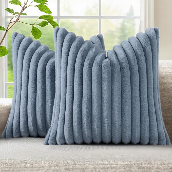 decorUhome Fall Faux Fur Throw Pillow Covers 18x18 Set of 2 Grey Blue | Decorative Soft Cozy Striped Plush Modern Farmhouse Boho Couch Pillow Cases Velvet Back for Sofa Bed Living Room Home Decor