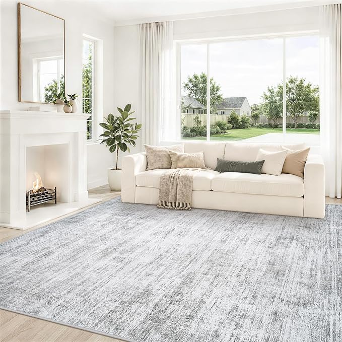 9x12 Area Rugs for Living Room Washable Rugs Neutral Abstract Large Rug Soft Modern Carpet Non-Slip Stain Resistant Low Pile Rug for Bedroom Dining Room Nursery Home Office Under Table Area Rug Grey