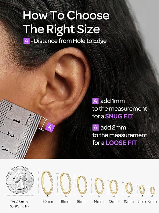 ChicSilver 925 Sterling Silver Huggie Earrings for Women 14K Gold Plated Silver Hoop Earrings for Women Hypoallergenic Small Cubic Zirconia Huggie Earring (6/8/10/12/14/16/18/20mm)