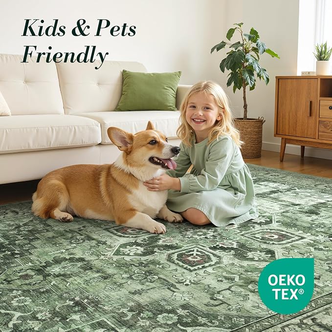 Sage Green 9x12 Vintage Boho Rug for Living Room - Washable Dining Room Rugs Under Table, Soft Low Pile Floral Moss Green Carpet for Bedroom, Non-Slip Bohemian Large Rug for High Traffic Area