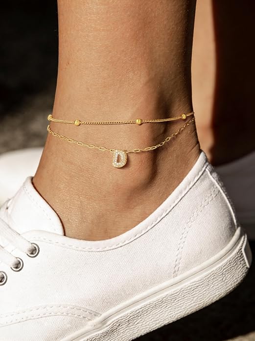FindChic Silver/14K Gold Plated Layered CZ Initial Ankle Bracelet for Women | Waterproof Stainless Steel, Cubic Zirconia Letter Charm, Non-Tarnish, Hypoallergenic, Adjustable Extender, Summer Jewelry