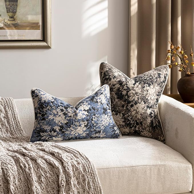 DEZENE Pack of 2 Vintage Floral Throw Pillow Covers 18x18 Boho Farmhouse Accents Chenille Square Decorative Pillow Cases for Living Room Couch Bed Home Decor, Taupe