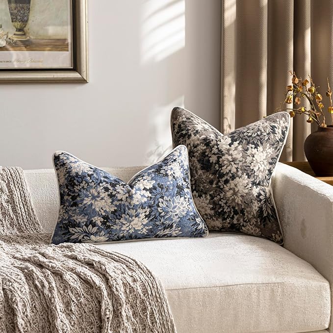 DEZENE Pack of 2 Vintage Floral Euro Sham Covers 26x26 Boho Farmhouse Accents Chenille Square Decorative Throw Pillow Cases for Living Room Couch Bed Home Decor, Taupe