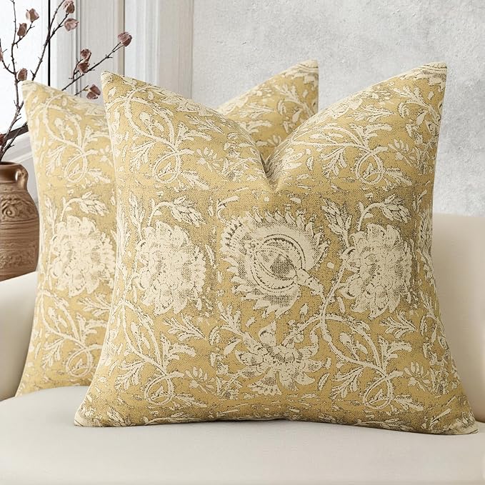 Vintage Floral Print Throw Pillow Covers 20x20 Set of 2 Neutral Modern Farmhouse Pillowcases Accent Decorative Cushion Covers Boho Home Decor for Couch Sofa Chair Bed Living Room, Yellow