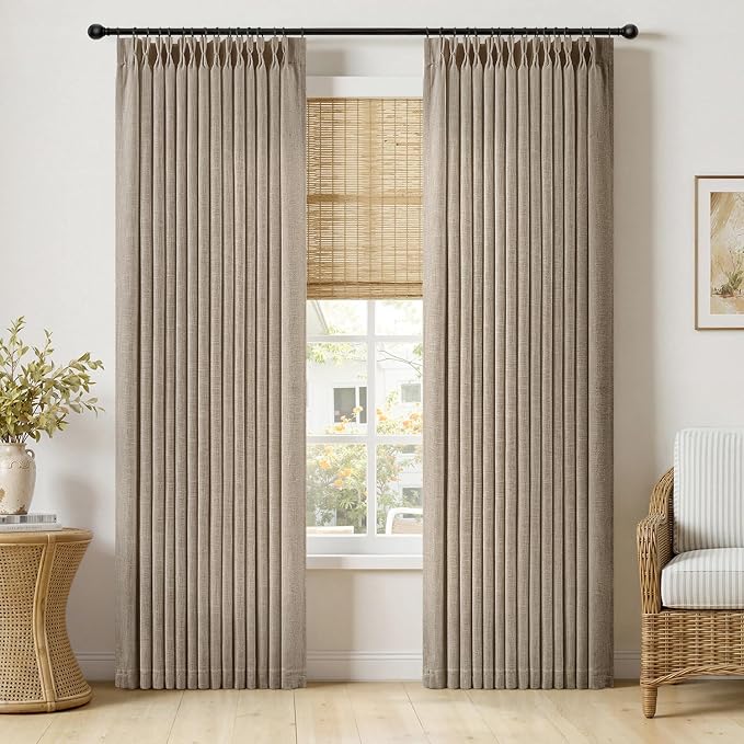 MIULEE Pinch Pleated Thick Linen Curtains 84 Inches Long 2 Panels for Living Room Bedroom, Memory Trained Drapes Pleat Back Tab Light Filtering Grey Beige Window Curtains with Hooks&Rings
