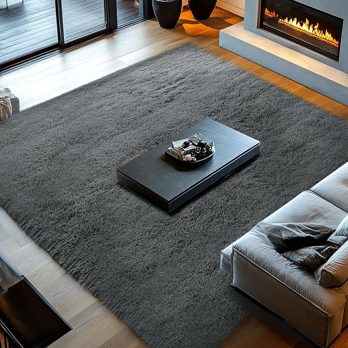 Shag Rugs for Living Room 9x12: 9x12 Shag Area Rugs for Living Room- Large Soft Grey Rugs for Bedroom- Fuzzy Plush Modern Carpets for Kids Room (Grey