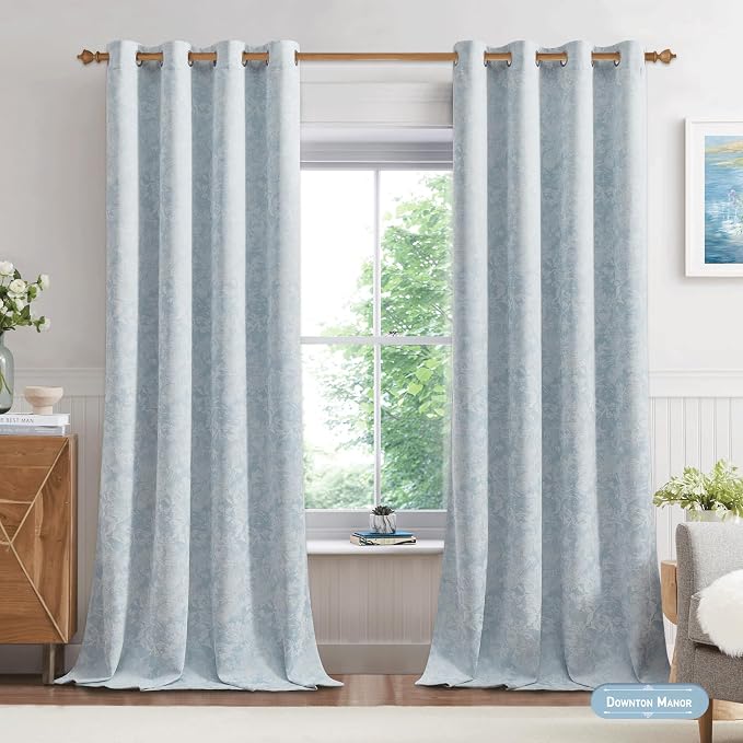 Beauoop Blue Floral Jacquard Blackout Curtains for Bedroom 52x96 2 Panels | Flower Chenille Room Darkening Drapes for Living Room 96 Inch Long Thermal Insulated Soundproof Window treatment Grommet