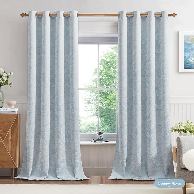 Beauoop Blue Floral Jacquard Blackout Curtains for Bedroom 52x63 2 Panels | Flower Chenille Room Darkening Drapes for Living Room 63 Inch Long Thermal Insulated Soundproof Window treatment Grommet