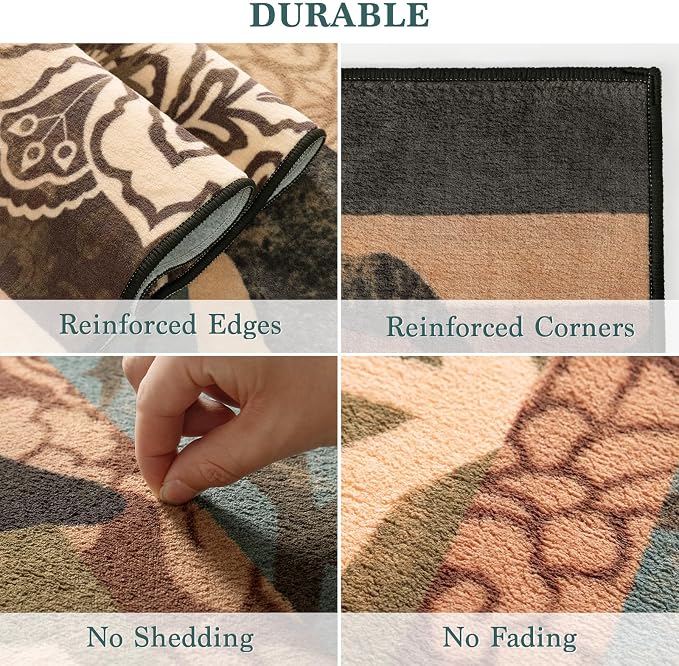 LIANLAM 9x12 Washable Area Rugs for Living Room and Bedroom(9x12,Leaf) | Non-Slip Large Carpet,Vintage Checkered Pattern, Stain Resistant Faux Wool Low Pile Soft Rug for Dining Room,Office,Nursery