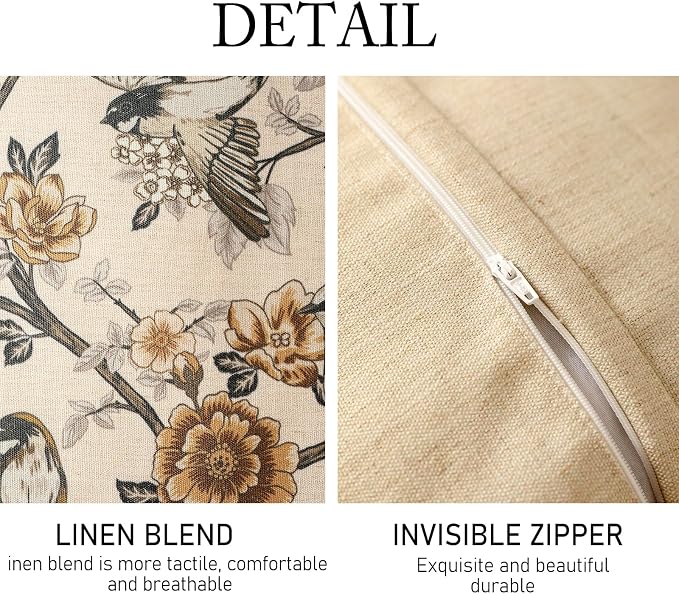 ISAENNE Designer Elegant Linen Throw Pillow Cover,Set of 4-Murad ACDE | French Cottage Pillow Cover,Concealed Zipper,Floral Pattern,Sofas,Bedroom,Living Room,Lounge Chairs,All Season Home Decor