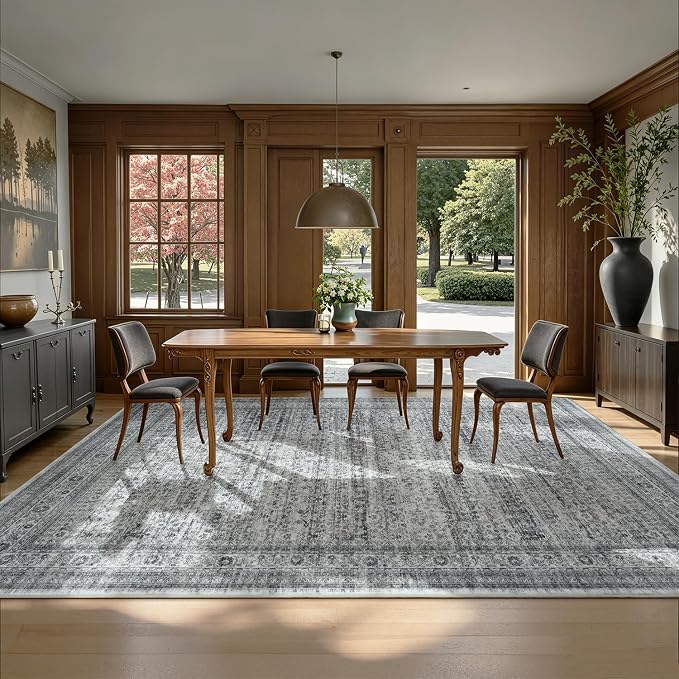 8x10 Washable Area Rugs for Living Room Bedroom, Non-Slip Large Rugs | Vintage Distressed Retro; Low Pile; Stain Resistant; Neutral Boho Carpet for Dining Room, Nursery, Home Office; Foggy Grey