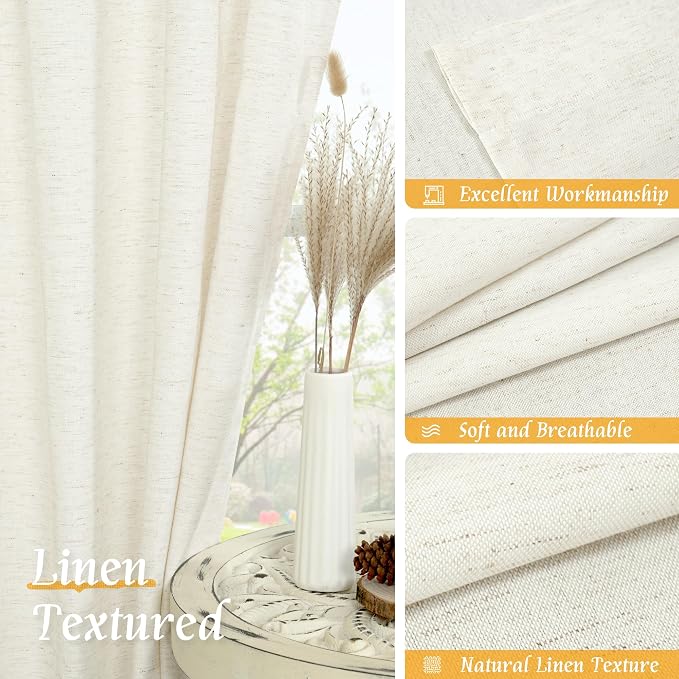 LAMIT Cream Sheer Linen Curtains for Bedroom, 45 Inches Long Faux Linen Textured Light Filtering Panels Rod Pocket Neutral Drapes for Kitchen/Window/Living Room, 2 Panels Set, 42 x 45 Inch