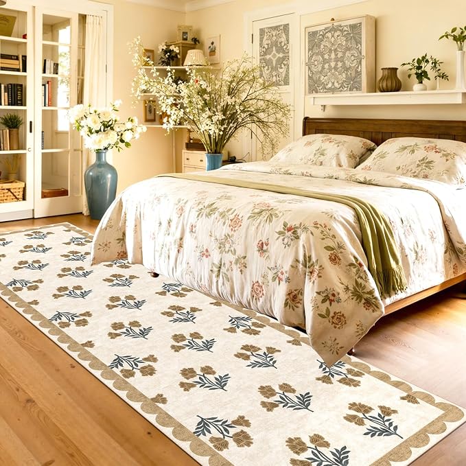 Non Slip Washable Hallway Runner Rug - 2.5x12 Extra Long Beige Kitchen Runner Rug Soft Boho Runners for Hallways Vintage Floral Scalloped Area Rug for Bedroom Entryway Foyer Stair Runner Decor