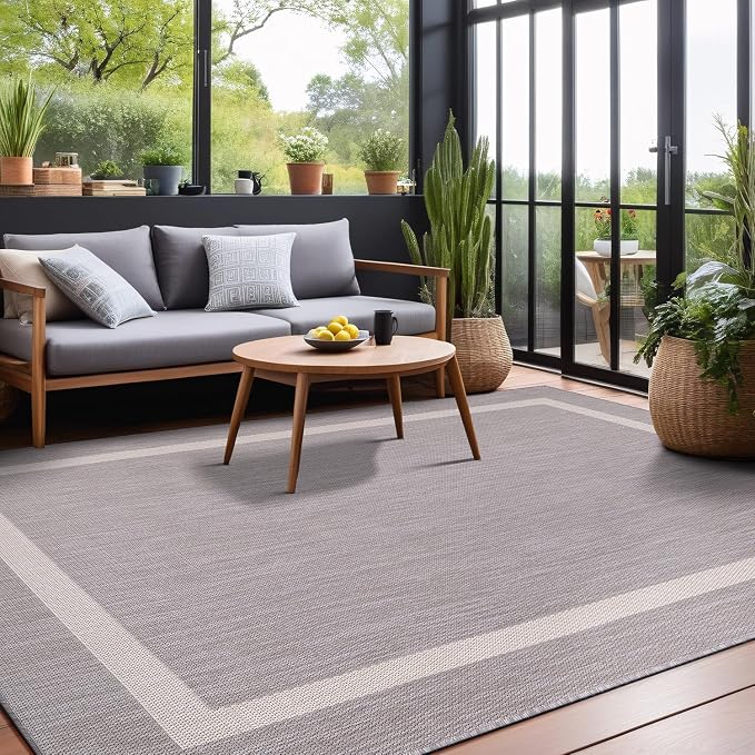 Luul Home Bordered Outdoor Rug 10x14 Washable Outside Carpet for Indoor Patio Porch Waterproof Easy Cleaning Non Shedding Area Rugs Gray 10 x 14