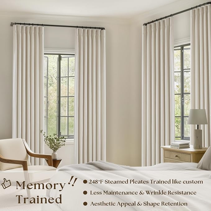 Pleated Cream Beige Linen Blackout Curtains for Bedroom 90 Inch Length | Pinch Pleat for Track System, Back Tab, 100% Black Out Room Darkening Thermal Insulated, Neutral Farmhouse, for Living Room