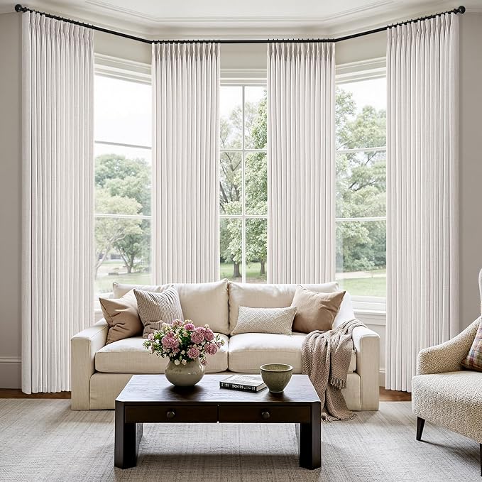MIULEE Pinch Pleated Thick Linen Curtains 84 Inch 4 Panels Set Back Tab Memory Trained Pinch Pleat Semi Sheer Light Filtering Curtains Let Light in Window Drapes for Living Room Bedroom Beige White