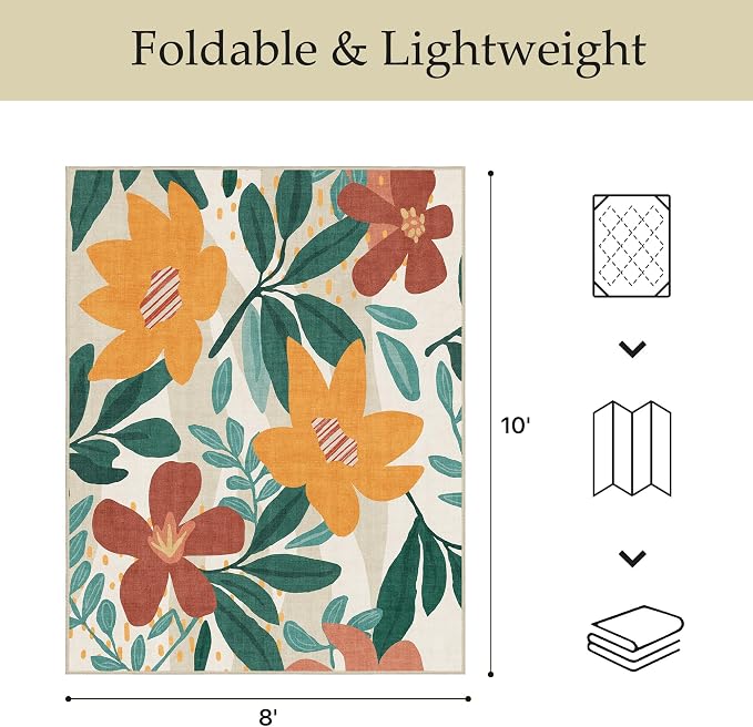 GENIMO 8x10 Outdoor Rug, Washable for Patio and Deck, Teal Orange | Floral design for backyard; fade resistant chenille with quick-dry non-slip backing for indoor living rooms