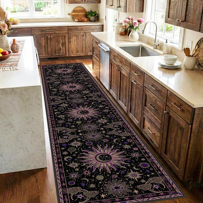 Vacuum-Friendly, 2x10 Washable Area Rug, Black Purple Beige | Sun and Moon Boho Gothic Non-Slip Low Pile Living Roon Bedroom Dining Room Kitchen Entry Entryway Entrance Hallway Doormat