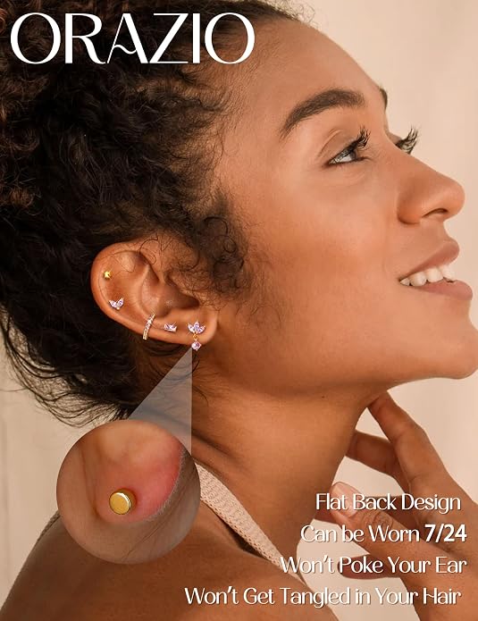 ORAZIO 20G Helix Piercing Jewelry Flat Back Cartilage Earrings for Women Surgical Stainless Steel Hypoallergenic Hoop Stud Earrings Set Tragus Helix Piercing Jewelry for Sensitive Ears Single Pc