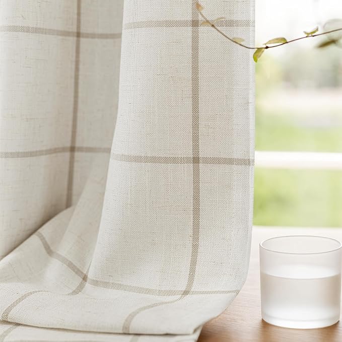 DriftAway 100% Blackout Plaid Linen Curtains 72 Inches Long 2 Panels Taupe | 100% Blackout, Linen Texture, Plaid Pattern, Two Layers, Rod Pocket & Back Tab, Bedroom Living Room Use, Luxury Appearance