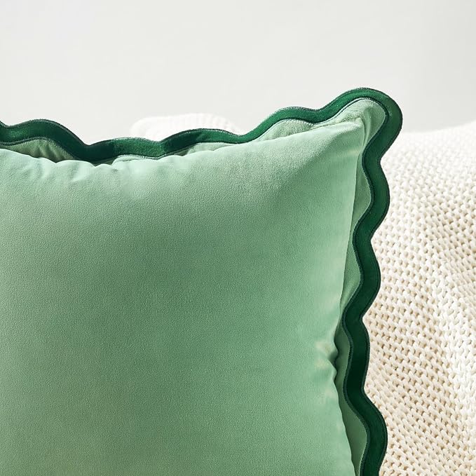 MONDAY MOOSE Decorative Throw Pillow Covers Cushion Cases, Set of 2 Soft Velvet Scalloped Wavy Edge Designs, Mix and Match for Home Decor, Pillow Inserts Not Included (20x20 inch, Green/Light Green)