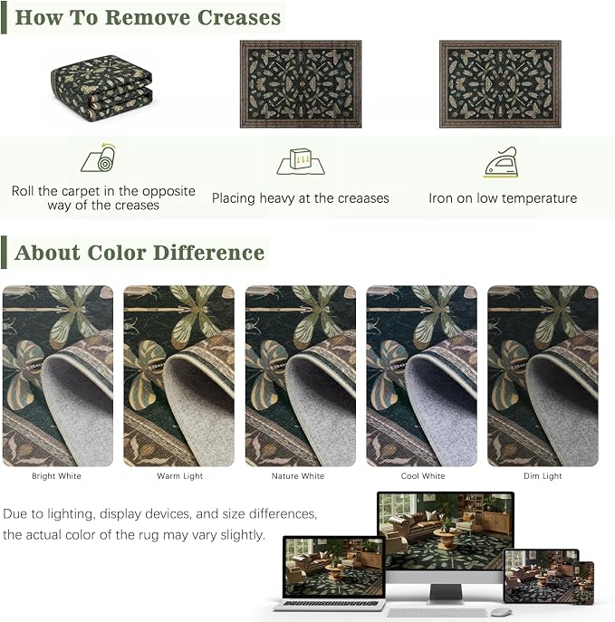 DCX 4x6 Washable Insect Rug, Vintage Gothic Black Rug with Non-Slip Rubber Backing, Soft Low-Pile, Stain-Resistant, Kid & Pet Friendly, for Living Room, Bedroom, Office, and Nature-Themed Decor
