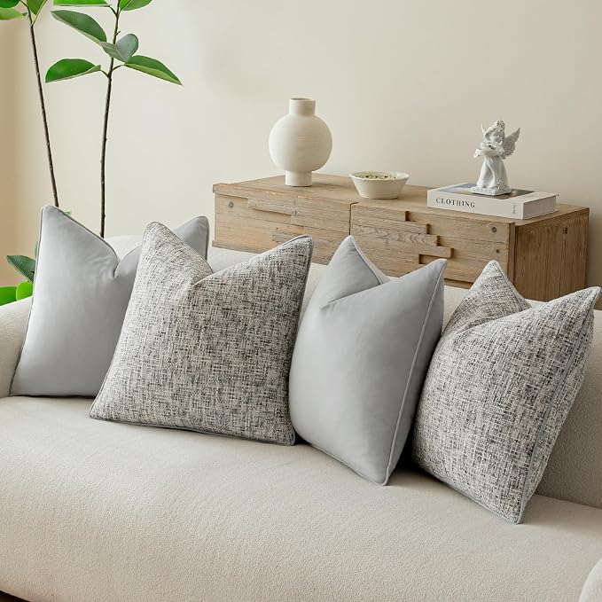 a moment Grey 4 Pack Throw Pillow Covers - Chenille & Velvet Set with Piping, Farmhouse Textured Design Pillow Cases for Couch Sofa Bed Livingroom (20x20 Inch, No Insert)