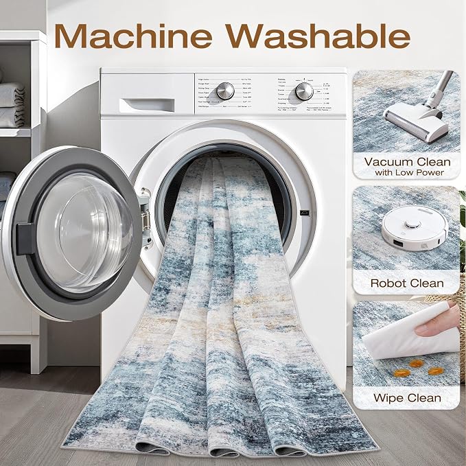 Runner Rug Non-Slip Kitchen Rug: 3x10 Washable Abstract Modern Soft Stain Resistant Indoor Floor Neutral Accent Throw Carpet for Hallway Bathroom Laundry Room Bedroom Entryway- Blue Gold