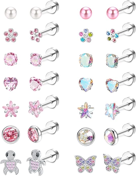 LOYALLOOK 14Pairs Hypoallergenic Screwback Earrings for Women Girls Tiny CZ Pearl Ball Heart Flower Screw Back Earring Studs 316L Stainless Steel Stud Earrings Flatback 20G Over 3 Years Old