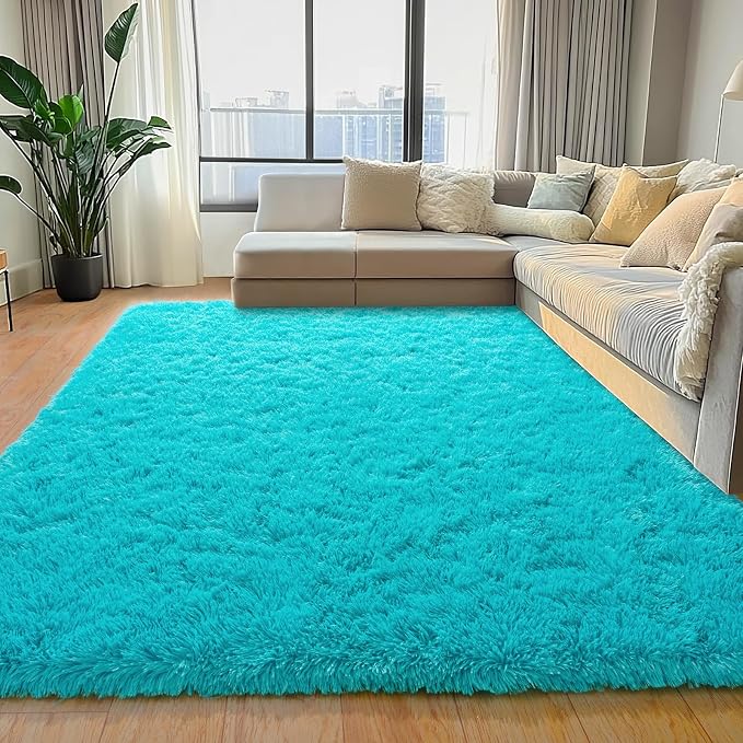 Teal Blue Shag Rug for Bedroom, 4x5.9 Fluffy Area Rugs Living Room | Soft and Comfy, Fuzzy Bedside Carpet for Nursery and Kids Room, Girls, Boys Dorm Home Decor Aesthetic, Upgrade Non Slip