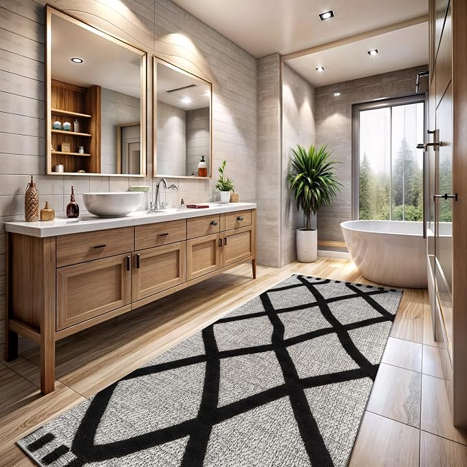 CAMILSON Modern Runner Rug 2x7 Luxury Diamond Pattern Micro Loop Hallway Rugs Soft High-Low Pile Stain Resistant Easy to Clean Non-Shedding Durable Entryway Kitchen Indoor Area Carpet (Black/White)