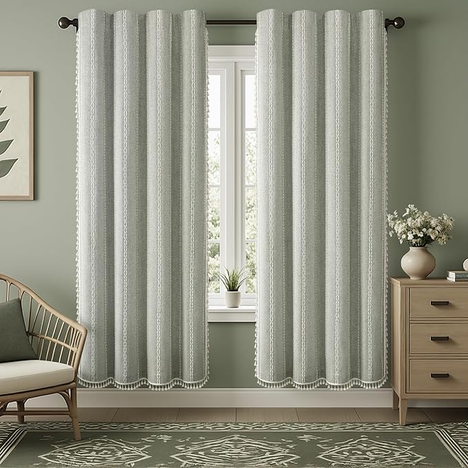 Sage Green Boho Blackout Curtains 2 Panels 84 Inch for Living Room Bedroom, Linen Texture Farmhouse Curtains with Tassels and White Cotton Embroidery Vintage Rustic Country Western