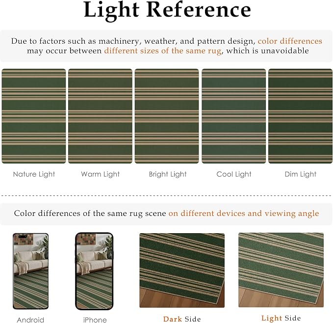 PureCozy Outdoor Rug 5x7 Washable Striped Jute Look Non Slip Carpet | Green and Tan Stripe Farmhouse Style, Indoor Outdoor Area Rugs for Patio, Living Room, Dining Room, Non Shedding, Neutral Rug