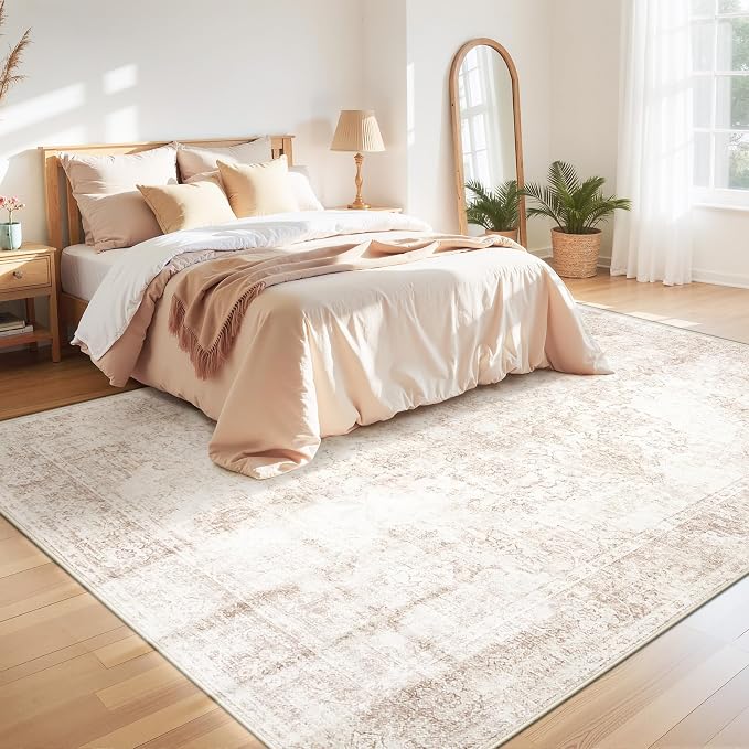 Area Rug 8x10 Vintage Rug: Large Washable Indoor Medallion Rugs Low Pile Distressed Floor Carpet Retro Accent Rug for Living Room Bedroom Kitchen Dining Table Home Office(Retro Beige, 8'x10')