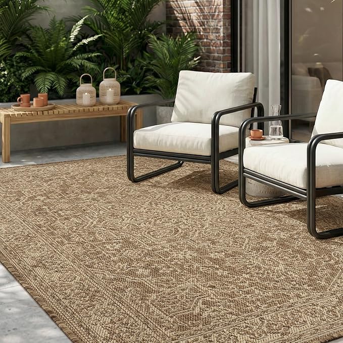 MontVoo-Outdoor Rug-Patio Rug 4x6 ft Polypropylene Indoor Outdoor Rugs Carpet for Patio Deck Balcony Porch,Textured Weave, Durable for High Traffic, Fade-Resistant, Vintage Medallion Neutral Brown