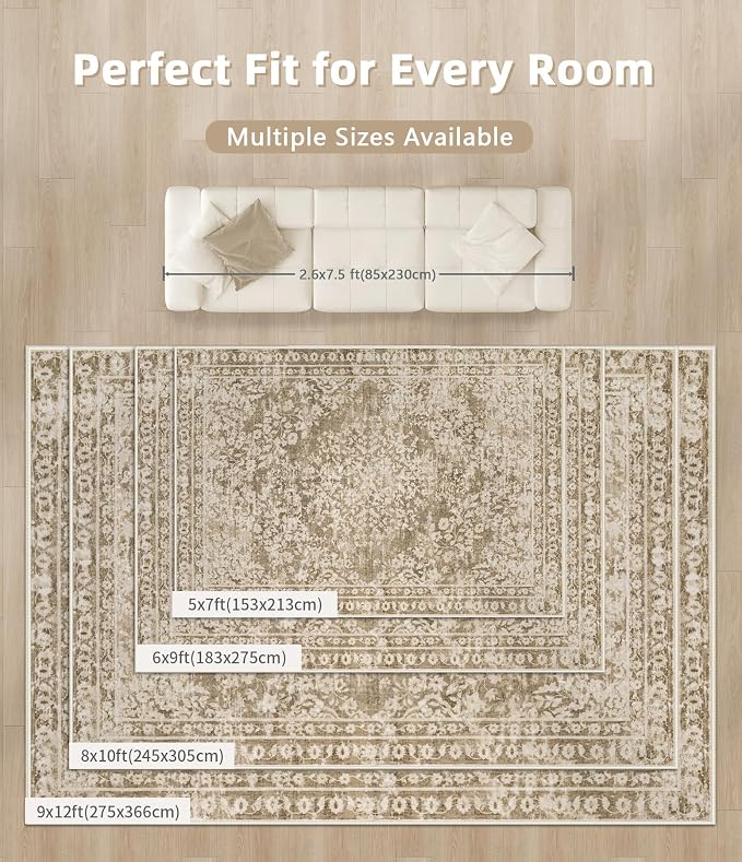 Vintage Living Room Area Rug - 9x12 Large Machine Washable Boho Area Rug Distressed Floral Rugs for Bedroom, Soft Non-Slip Indoor Floor Accent Rugs for Office Dining Room (Floral Brown, 9'x12')