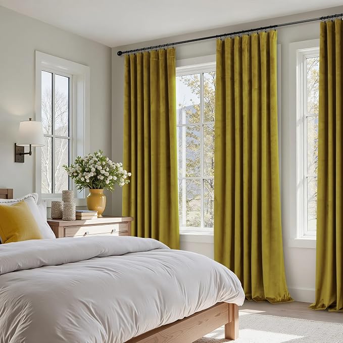Yellow Green Velvet Curtains 96 Inches Long for Living Room Darkening Super Soft Luxury Quirky Eclectic Bold Thermal Insulated Blackout Chartreuse Velvet Drapes for Bedroom Dining Christmas 2 Panels