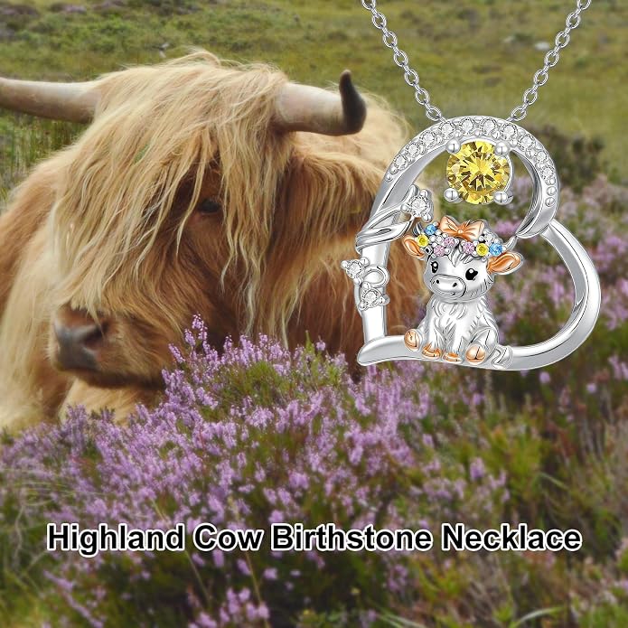 Highland Cow Gifts for Women 925 Sterling Silver Highland Cow Birthstone Necklace Fluffy Cow Jewelry Gifts Birthday Christmas