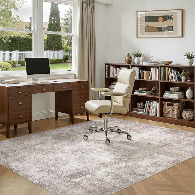 7x9 Area Rug, Non Slip Low Pile Washable Large Rug for Living Room | Soft Modern Abstract Carpet, Stain Resistant Kid & Pet Friendly, Made for Dining Room, Nursery, Home Office Indoor - Brown