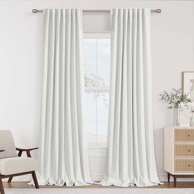 Guken White 100% Blackout Linen Curtains 52 Inch Wide by 116 Inch for Living Room Bedroom Back Tab/Rod Pocket Thermal Insulated Black Out Linen 2 Drapes Room Darkening Window Curtains