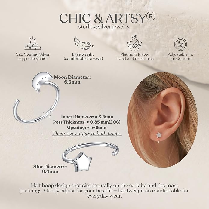 CHIC & ARTSY 925 Sterling Silver Half Hoop Earrings for Women, Small Huggie Hoops Set with Ball Bar Star Moon Cross & Pearl, Lightweight Comfort Fit Everyday & Sleep Earrings