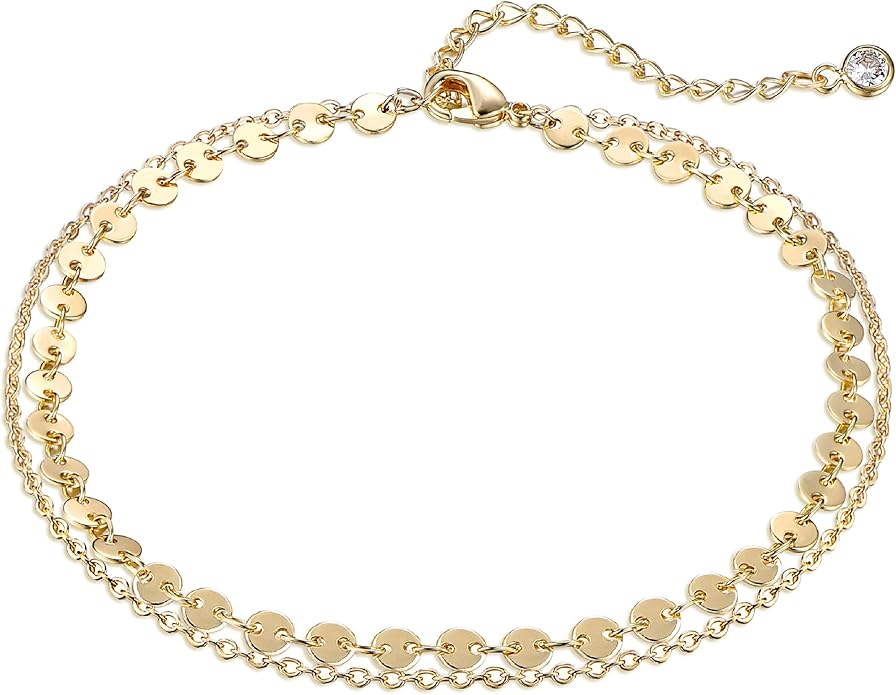 Dainty Gold Double Layer Disc Anklet for Women, 14K Gold Plated Sequin Chain Foot Bracelet, 8.5"+2" Adjustable Delicate Stackable Ankle Bracelet, Minimalist Summer Beach Jewelry Gift for Her