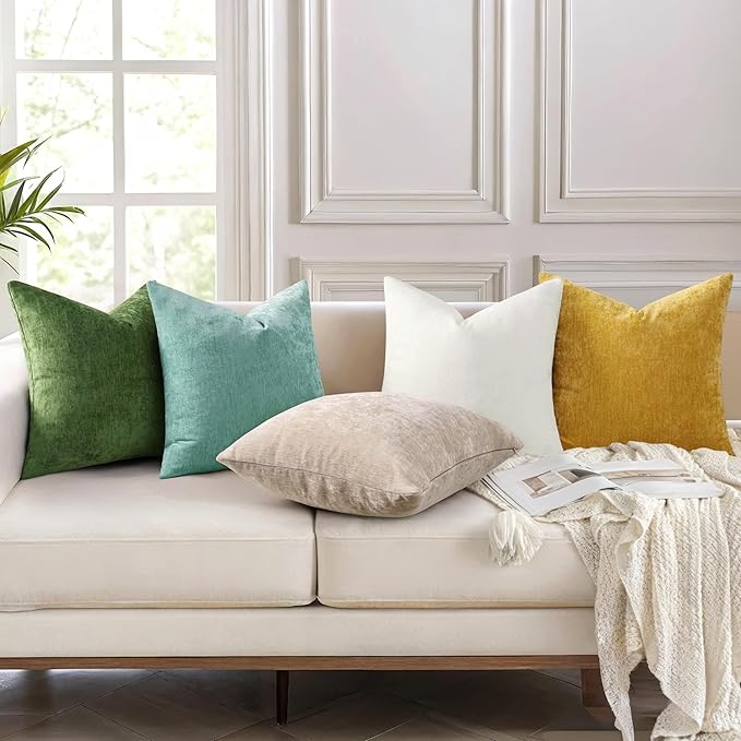 decorUhome Soft Chenille Aqua Haze Throw Pillow Covers 20X20 Set of 2 | Decorative Fall Couch Pillow Covers Solid Dyed Accent Modern Farmhouse Neutral Square Pillow Cases for Sofa