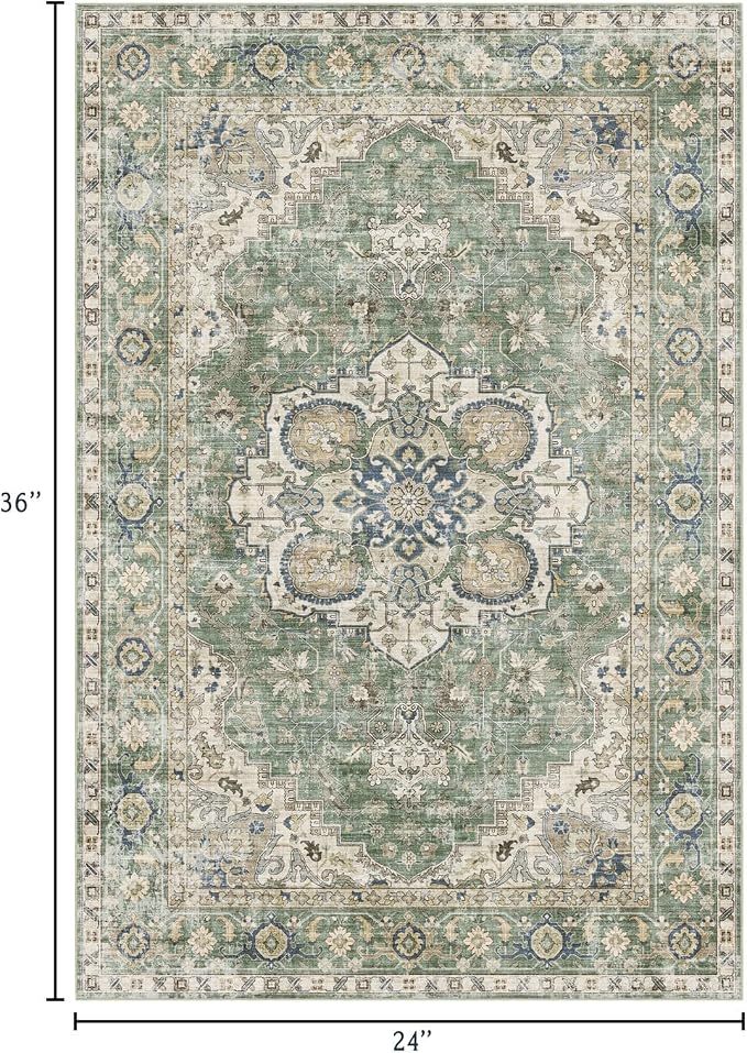 LUXRUG 2x3 Rugs for Entryway - Washable Doormat Ultra-Thin Sage Green Vintage Oriental Kitchen Rugs Non-Slip Front Door Mat Indoor Entrance Boho Small Throw Rug for Bedroom Bathroom Mudroom Carpet