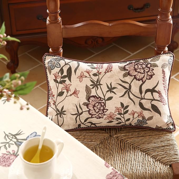ISAENNE Designer Linen Throw Pillow Cover,Set of 2,20"x12"-Helena B | Elegant French Rectangle Pillow Cover,Concealed Zipper Design,Floral Pattern,Sofas,Bedroom,Living Room,Lounge Chairs